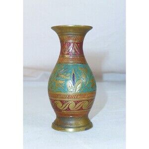 Vintage Etched Small Bud Brass Vase With Floral Leaf Design Made In India